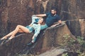 Joy of being in love. woman and bearded man on natural landscape. Sensual couple on vacation trip. Couple in love Royalty Free Stock Photo