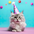 joy of a cat donning a birthday hat, creating an adorable and heartwarming image.