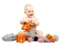 Joy child holds bright gift box Royalty Free Stock Photo