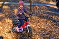 Joy child with a pink bike in the autumn park and bright colorful foliage