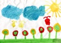 Joy children drawing with glade of flowers on hill. Childish art. Drawn nature Royalty Free Stock Photo