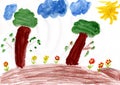 Joy children drawing with glade of flowers on hill. Childish art. Drawn nature Royalty Free Stock Photo