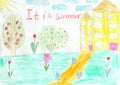 Summer by eyes of children. Childish drawing. Childish art Royalty Free Stock Photo