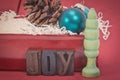 Joy Christmas Greeting with Rustic Miniature Decorations