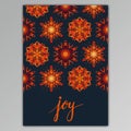 Joy. Greeting card with hand pain watercolor snowflakes.