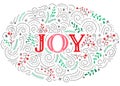 Joy Hand-Drawn Lettering with Doodle Swirls, Winter Holiday Foliage on White Background