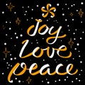 Joy Love Peace Christmas calligraphic lettering. New Year backgr