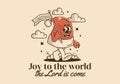 Joy to the world the Lord is come. Character illustration of walking Christmas hat