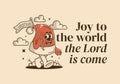 Joy to the world the Lord is come. Character illustration of walking Christmas hat