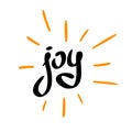 Joy word calligraphic logo with scattered rays.