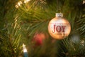 Joy Written on Christmas Ornament Hanging on Tree