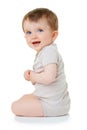 Joy, youth and happy with baby on floor of studio for cute, child development and learning. Explore, smile and young Royalty Free Stock Photo
