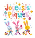 Joyeuses Paques Happy Easter in French greeting card with cute Easter bunnies Royalty Free Stock Photo