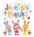 Joyeuses Paques Happy Easter in French greeting card with cute kids Easter bunnies Royalty Free Stock Photo