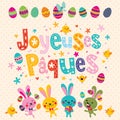 Joyeuses Paques Happy Easter in French greeting card with Easter bunnies Royalty Free Stock Photo