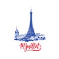 Joyeux 14 Juillet, hand lettering. Phrase translated from french Happy 14th July. Drawn illustration of Eiffel Tower. Royalty Free Stock Photo