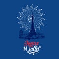 14 July hand lettering on Eiffel Tower background. Royalty Free Stock Photo