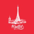 Joyeux 14 Juillet, hand lettering. Phrase translated from french Happy 14th July. Drawn illustration of Eiffel Tower. Royalty Free Stock Photo