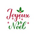 Joyeux Noel calligraphy hand lettering with holly berry mistletoe isolated on white. Merry Christmas typography poster in French.