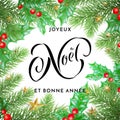 Joyeux Noel French Merry Christmas and Bonne Annee New Year holiday hand drawn quote calligraphy greeting card on Christmas wreath Royalty Free Stock Photo