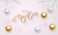 Joyeux Noel French Merry Christmas golden decoration, hand drawn gold calligraphy font for greeting card white background. Vector Royalty Free Stock Photo