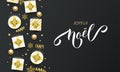 Joyeux Noel French Merry Christmas golden greeting card on premium black background. Vector Christmas calligraphy lettering, gifts Royalty Free Stock Photo