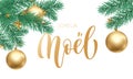 Joyeux Noel French Merry Christmas golden hand drawn calligraphy and Christmas tree star ornament for holiday greeting card white Royalty Free Stock Photo