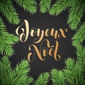 Joyeux Noel French Merry Christmas golden hand drawn quote calligraphy and Christmas tree branch wreath for holiday greeting card Royalty Free Stock Photo