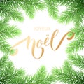 Joyeux Noel French Merry Christmas golden hand drawn quote calligraphy and Christmas tree branch wreath for holiday greeting card Royalty Free Stock Photo