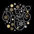 Joyeux Noel French Merry Christmas hand drawn calligraphy lettering on golden snowflake ornament pattern black background. Vector