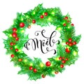Joyeux Noel French Merry Christmas hand drawn quote calligraphy and Christmas holly wreath for holiday greeting card background te Royalty Free Stock Photo