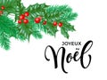 Joyeux Noel French Merry Christmas hand drawn quote calligraphy and Christmas holly wreath for holiday greeting card background te Royalty Free Stock Photo