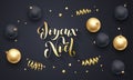 Joyeux Noel French Merry Christmas holiday golden decoration, gold hand drawn calligraphy font for greeting card black background. Royalty Free Stock Photo