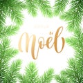 Joyeux Noel French Merry Christmas holiday golden hand drawn calligraphy text greeting and fir or pine branch wreath decoration fo Royalty Free Stock Photo