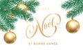Joyeux Noel French Merry Christmas holiday golden hand drawn calligraphy text greeting and gold star and ball decoration for card Royalty Free Stock Photo