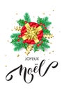 Joyeux Noel French Merry Christmas holiday hand drawn calligraphy text for greeting card background design template. Vector gift o Royalty Free Stock Photo