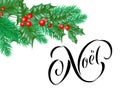 Joyeux Noel French Merry Christmas holiday hand drawn calligraphy text greeting and holly wreath decoration for card design templa Royalty Free Stock Photo