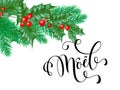 Joyeux Noel French Merry Christmas holiday hand drawn calligraphy text greeting and holly wreath decoration for card design templa Royalty Free Stock Photo