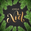 Joyeux Noel French Merry Christmas trendy golden quote calligraphy and fir branch wreath on black premium background for winter ho Royalty Free Stock Photo