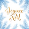 Joyeux Noel French Merry Christmas trendy golden quote calligraphy and fir branch wreath on white frozen blue snow background for