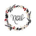 Joyeux Noel Hand Lettering Greeting Card. Christmas Wreath Royalty Free Stock Photo