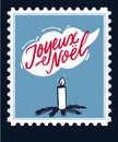 Joyeux noel. Merry Christmas in French language. Vintage greeting card design with handwritten lettering text and hand