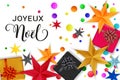 Joyeux Noel Merry Christmas french typography. Christmas vector card with bright colorful confetti, gift boxes and stars on white Royalty Free Stock Photo