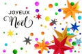 Joyeux Noel Merry Christmas french typography. Christmas vector card with bright colorful stars and round confetti on white Royalty Free Stock Photo