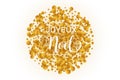 Joyeux Noel Merry Christmas french typography. Christmas vector card with golden confetti in circular design Royalty Free Stock Photo