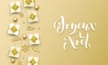 Joyeux Noel Merry Christmas golden French greeting card of gold gifts, stars confetti and snowflakes. Vector Christmas des