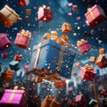 Joyful aerial display Colorful gift boxes rain down from sky