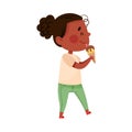 Joyful African American Girl Character Eating Ice Cream in Waffle Cone Vector Illustration