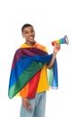 joyful african american man with rainbow