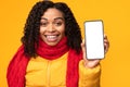 Joyful African Lady Showing Phone Screen To Camera, Yellow Background